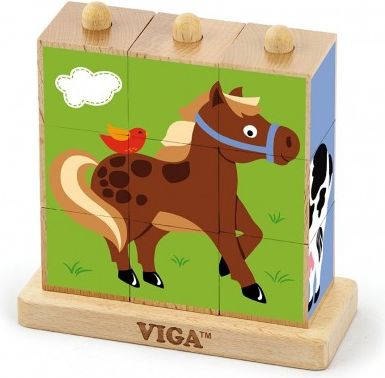 Dřevěné puzzle kostky na stojánku Viga Farma, Multicolor - obrázek 1