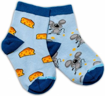 Baby Nellys Bavlněné veselé ponožky Myška a sýr - světle modré, Velikost koj. oblečení 92-98 (18-36m) - obrázek 1