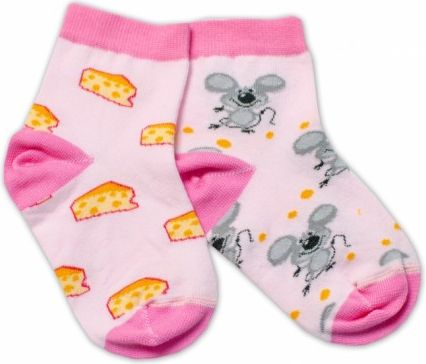 Baby Nellys Bavlněné veselé ponožky Myška a sýr - světle růžová, Velikost koj. oblečení 92-98 (18-36m) - obrázek 1