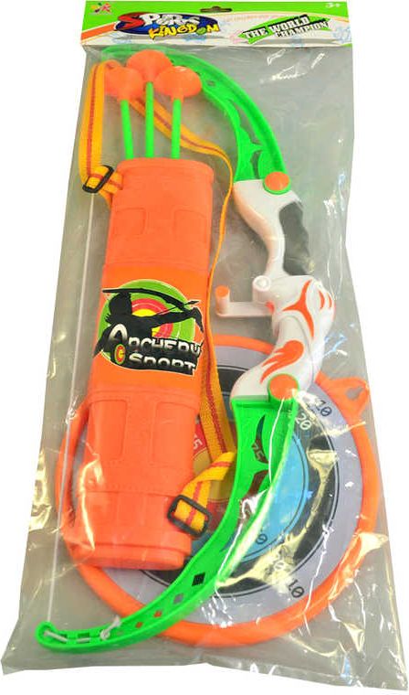 Sada dětský luk 54cm + 3 soft šípy s přísavkami a terčem plast v sáčku - obrázek 1