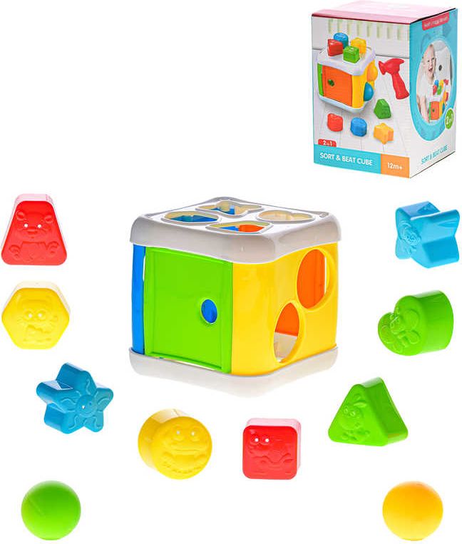 Baby kostka vkládací zatloukačka 13cm s kostkami a kladívkem 2v1 pro miminko - obrázek 3