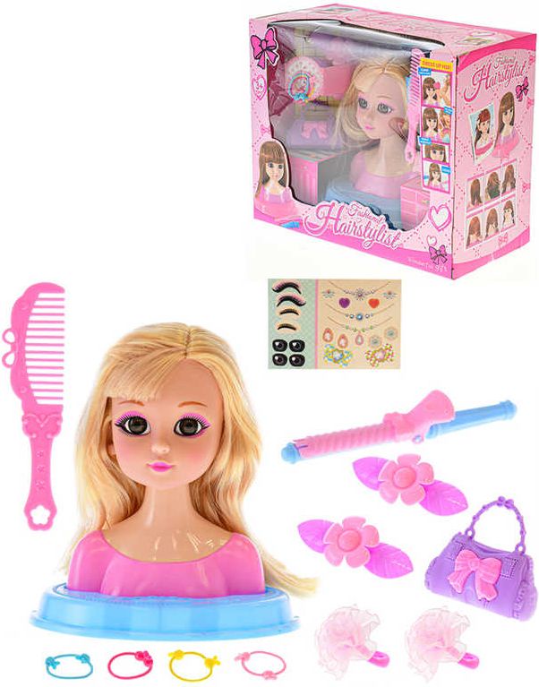 Hlava česací blondýnka 19cm set s kadeřnickými doplňky v krabici - obrázek 1