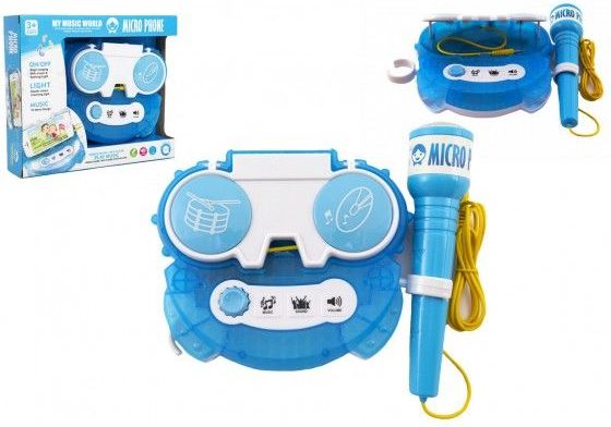 Mikrofon karaoke modrý plast na baterie se světlem v krabici 24x21x5,5cm - obrázek 1