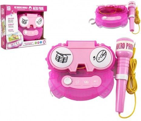 Mikrofon karaoke růžový plast na baterie se světlem v krabici 24x21x5,5cm - obrázek 1
