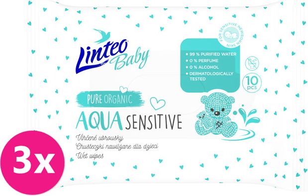 3x LINTEO Vlhčené ubrousky Baby Aqua Sensitive 10 ks - obrázek 1