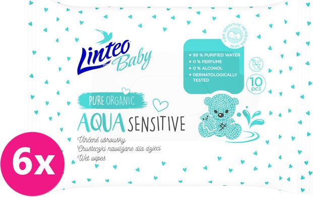 6x LINTEO Vlhčené ubrousky Baby Aqua Sensitive 10 ks - obrázek 1