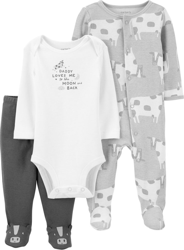 CARTER'S Set 3dílný body dl. rukáv, polodupačky, overal Grey Cow neutrál NB /vel.56 - obrázek 1