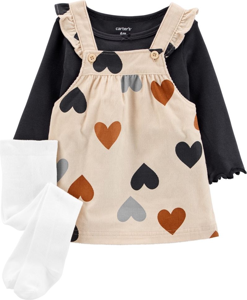 CARTER'S Set 3dílný tričko dl. rukáv, šaty na šle, punčochy Hearts dívka NB /vel.56 - obrázek 1