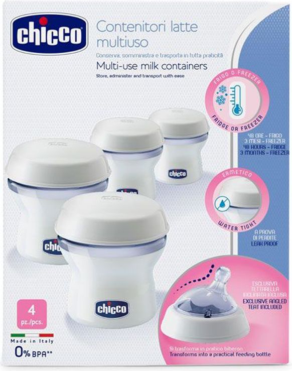 CHICCO Zásobníky víceúčelové na mateřské mléko s lahvovou násadkou Natural Feeling, 4ks - obrázek 1