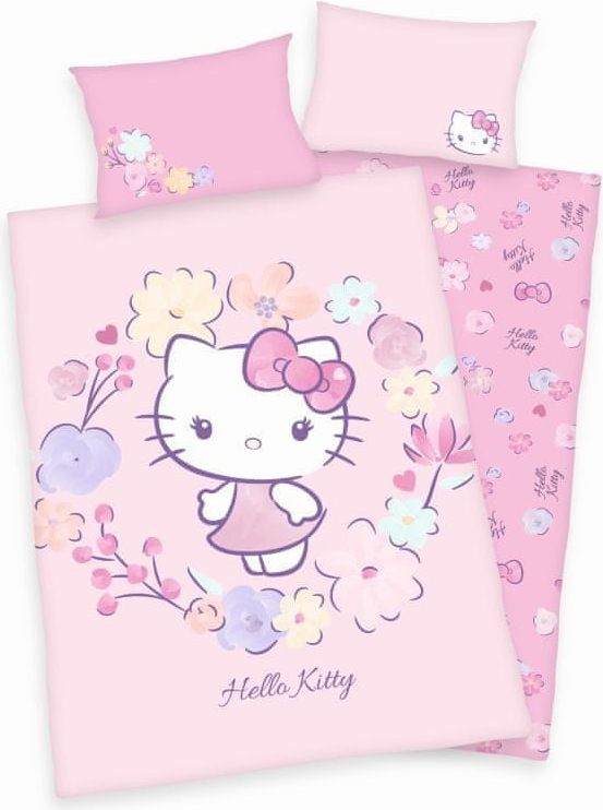 BIO bavlněné povlečení do postýlky Hello Kitty s květinami 100 x 135 cm - obrázek 1