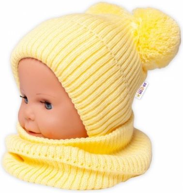 BABY NELLYS Zimní pletená čepice + nákrčník - žlutá s bambulkami - obrázek 1