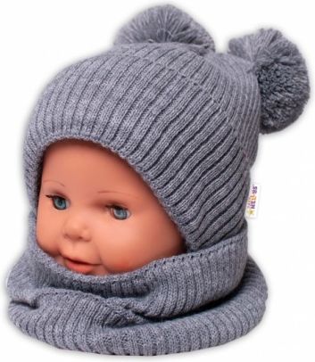BABY NELLYS Zimní pletená čepice + nákrčník - šedá s bambulkami - obrázek 1
