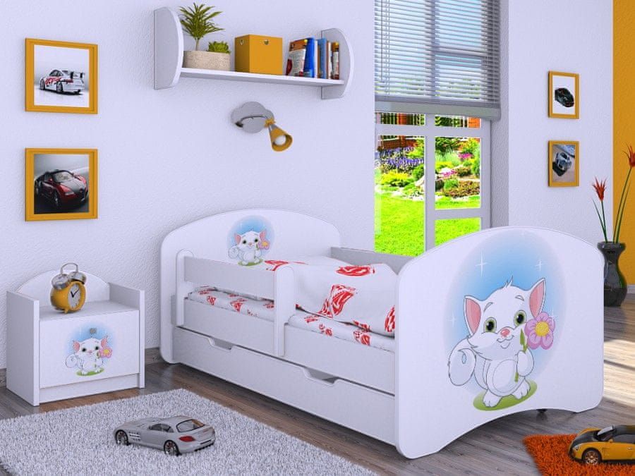 Svět-pokojů Dětská postel Kevin 140 x 70 cm bílá - kočička s květinou + matrace zdarma + úložný prostor - obrázek 1