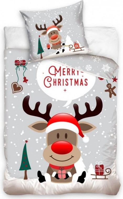Tiptrade - Vánoční bavlněné ložní povlečení veselé Vánoce - sob Rudolf - šedé / 140 x 200 cm + 70 x 90 cm - obrázek 1