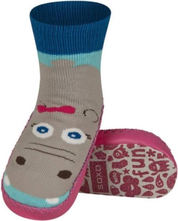 Ponožky s koženou podrážkou SOXO, růžové, motiv hroch Velikost: EU 27 - 28 - obrázek 1