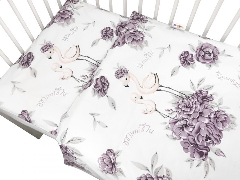 Baby Nellys BABY NELLYS 3-dílná sada Mantinel s povlečením, Plameňák, švestková/bílá - obrázek 2