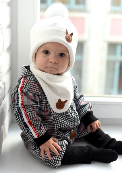 Bexa Bexa dvouvrstvá čepice Bajo Baby na zavazování s bambulí + šátek, bílá, vel. 92/98 92-98 (18-36m) - obrázek 2