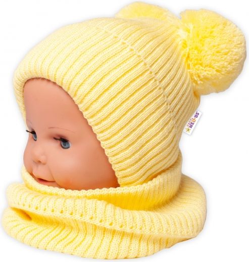 Baby Nellys BABY NELLYS Zimní pletená čepice + nákrčník - žlutá s bambulkami 92-98 (18-36m) - obrázek 1