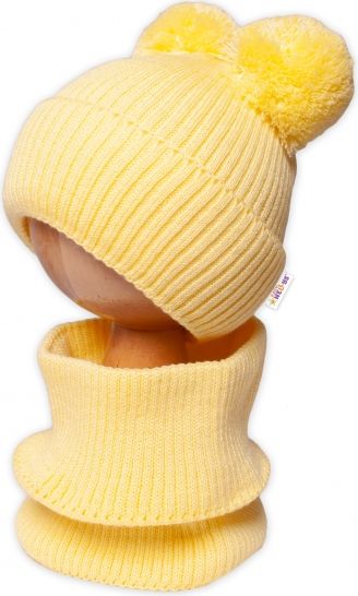 Baby Nellys BABY NELLYS Zimní pletená čepice + nákrčník - žlutá s bambulkami 92-98 (18-36m) - obrázek 2