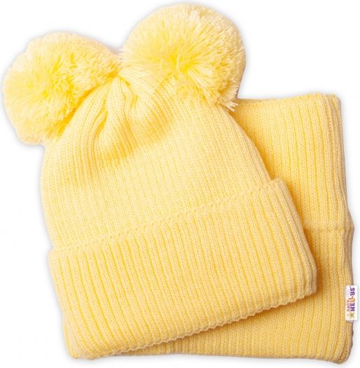Baby Nellys BABY NELLYS Zimní pletená čepice + nákrčník - žlutá s bambulkami 92-98 (18-36m) - obrázek 3