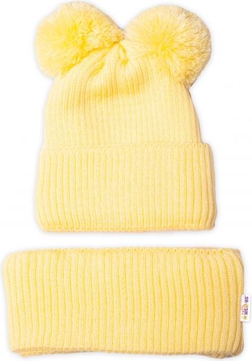 Baby Nellys BABY NELLYS Zimní pletená čepice + nákrčník - žlutá s bambulkami 92-98 (18-36m) - obrázek 4
