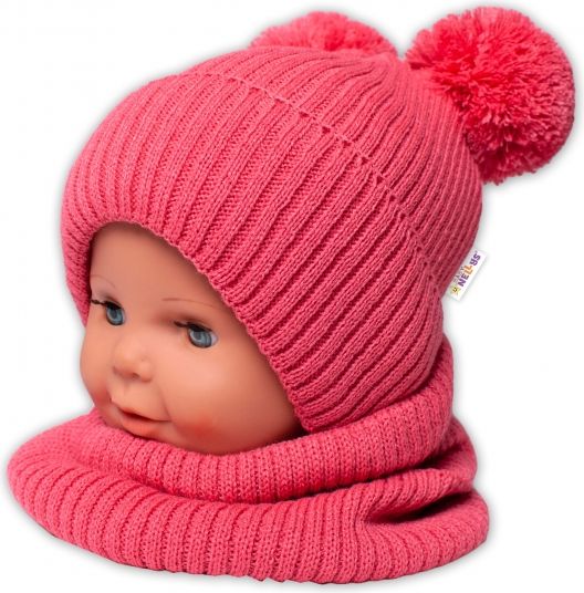 Baby Nellys BABY NELLYS Zimní pletená čepice + nákrčník - malinová s bambulkami 92-98 (18-36m) - obrázek 1
