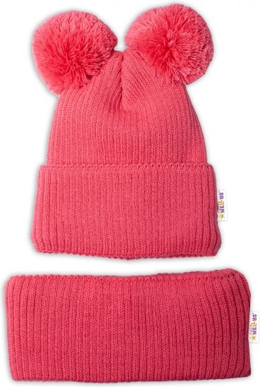 Baby Nellys BABY NELLYS Zimní pletená čepice + nákrčník - malinová s bambulkami 92-98 (18-36m) - obrázek 2