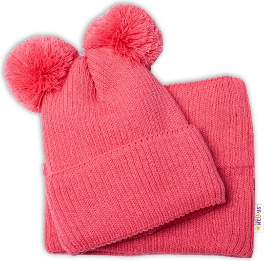 Baby Nellys BABY NELLYS Zimní pletená čepice + nákrčník - malinová s bambulkami 92-98 (18-36m) - obrázek 3