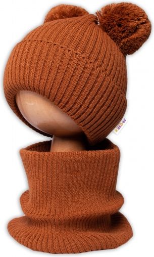 Baby Nellys BABY NELLYS Zimní pletená čepice + nákrčník - hnědá s bambulkami 92-98 (18-36m) - obrázek 2