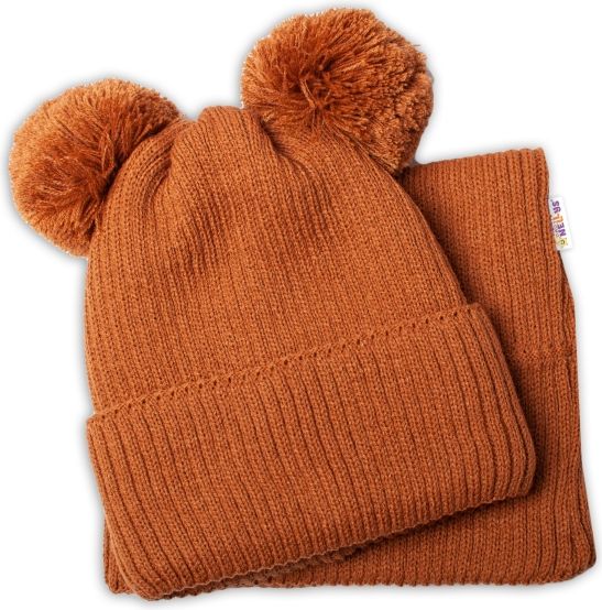 Baby Nellys BABY NELLYS Zimní pletená čepice + nákrčník - hnědá s bambulkami 92-98 (18-36m) - obrázek 3