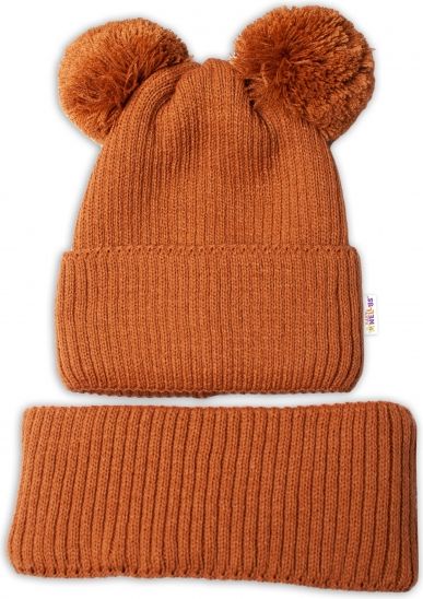 Baby Nellys BABY NELLYS Zimní pletená čepice + nákrčník - hnědá s bambulkami 92-98 (18-36m) - obrázek 4