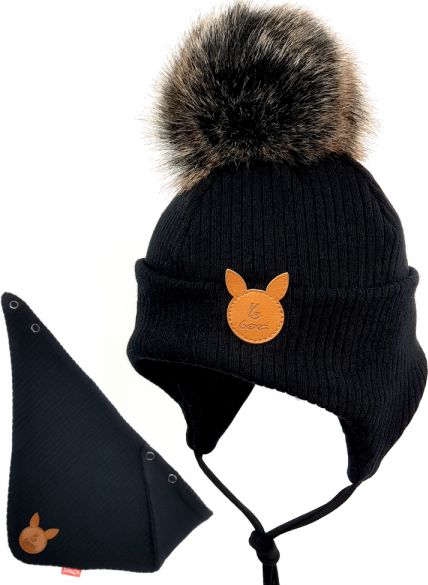 Bexa Bexa dvouvrstvá čepice Bajo Baby na zavazování s bambulí + šátek, černá, vel. 92/98 92-98 (18-36m) - obrázek 1