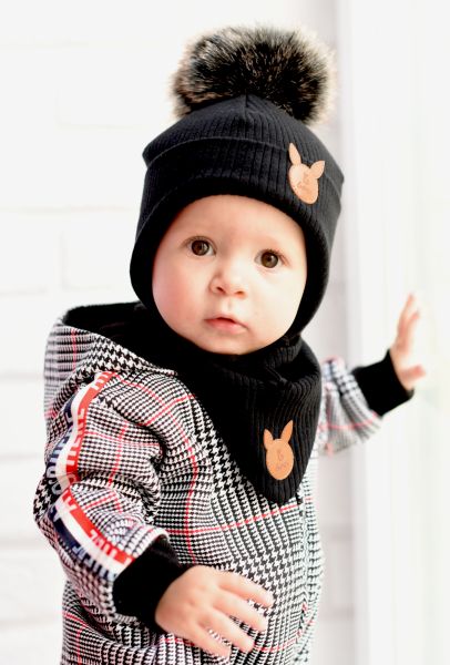 Bexa Bexa dvouvrstvá čepice Bajo Baby na zavazování s bambulí + šátek, černá, vel. 92/98 92-98 (18-36m) - obrázek 2