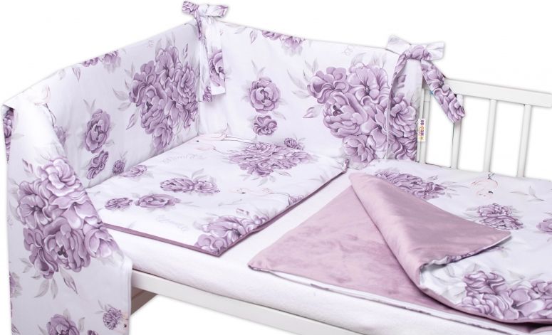 Baby Nellys BABY NELLYS 3-dílná sada Mantinel s povlečením, bavlna/velvet, Plameňák - švestkový - obrázek 1