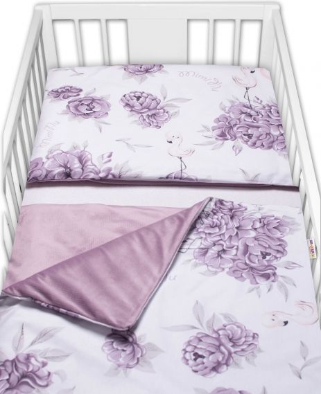Baby Nellys BABY NELLYS 3-dílná sada Mantinel s povlečením, bavlna/velvet, Plameňák,švestkový,135x100 - obrázek 2
