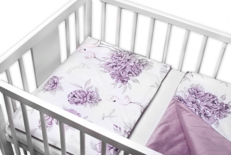 Baby Nellys BABY NELLYS 3-dílná sada Mantinel s povlečením, bavlna/velvet, Plameňák,švestkový,135x100 - obrázek 3