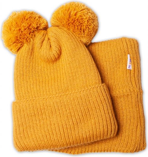 Baby Nellys BABY NELLYS Zimní pletená čepice + nákrčník - hořčicová s bambulkami 92-98 (18-36m) - obrázek 2