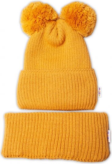 Baby Nellys BABY NELLYS Zimní pletená čepice + nákrčník - hořčicová s bambulkami 92-98 (18-36m) - obrázek 3