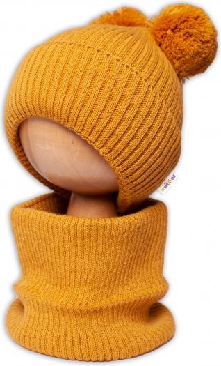 Baby Nellys BABY NELLYS Zimní pletená čepice + nákrčník - hořčicová s bambulkami 92-98 (18-36m) - obrázek 4