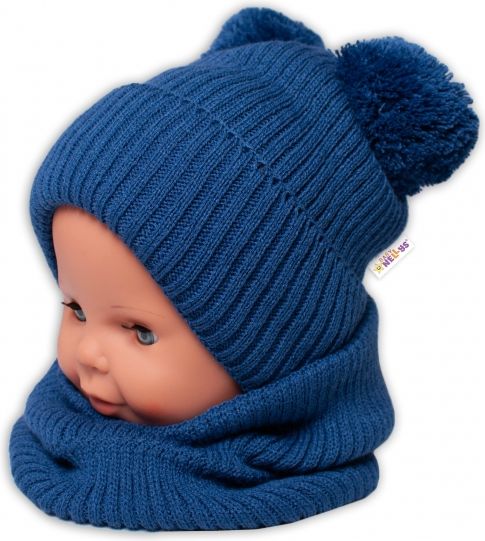Baby Nellys BABY NELLYS Zimní pletená čepice + nákrčník - granát s bambulkami 92-98 (18-36m) - obrázek 1