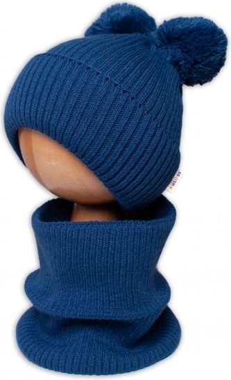 Baby Nellys BABY NELLYS Zimní pletená čepice + nákrčník - granát s bambulkami 92-98 (18-36m) - obrázek 3