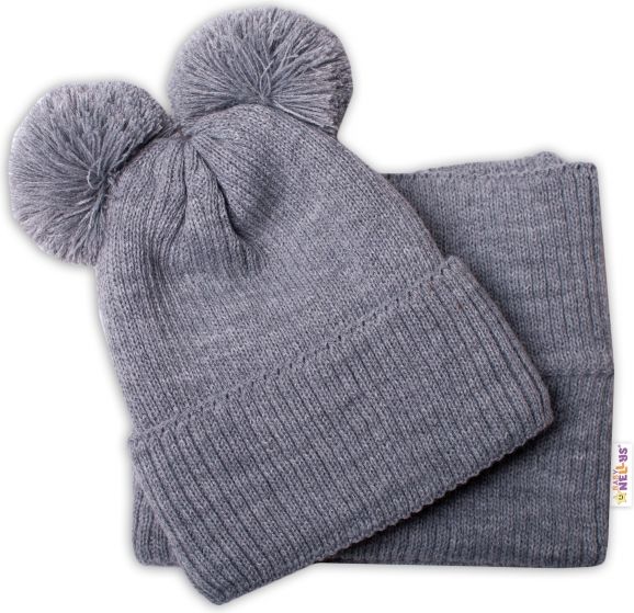 Baby Nellys BABY NELLYS Zimní pletená čepice + nákrčník - šedá s bambulkami 92-98 (18-36m) - obrázek 2
