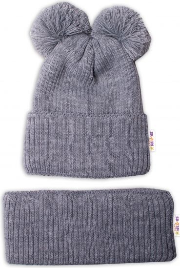 Baby Nellys BABY NELLYS Zimní pletená čepice + nákrčník - šedá s bambulkami 92-98 (18-36m) - obrázek 3