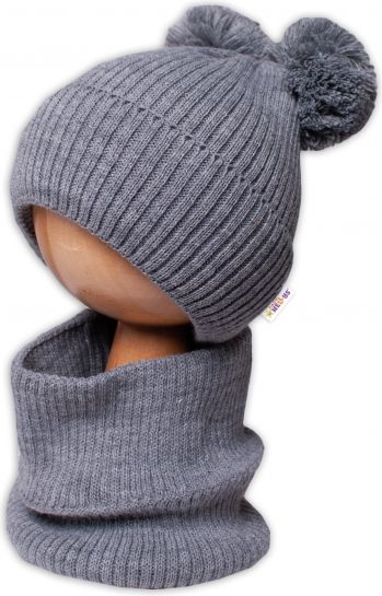 Baby Nellys BABY NELLYS Zimní pletená čepice + nákrčník - šedá s bambulkami 92-98 (18-36m) - obrázek 4