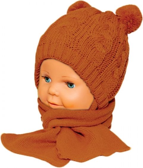 Baby Nellys BABY NELLYS Zimní pletená kojenecká čepička s šálou TEDDY - hnědá s bambulkami, vel. 62/68 62-68 (3-6m) - obrázek 1