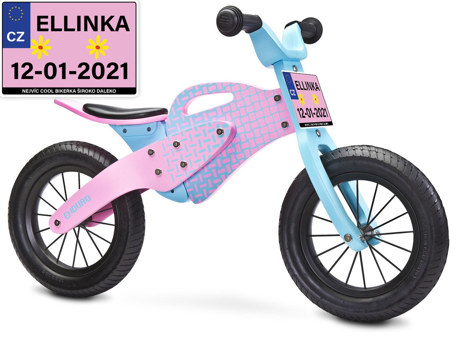 Dětské odrážedlo Enduro značky Toyz, dřevěné, barva růžová, s osobní SPZ Text na SPZ: Jsem nejrychlejší, Barva SPZ: růžová - obrázek 1