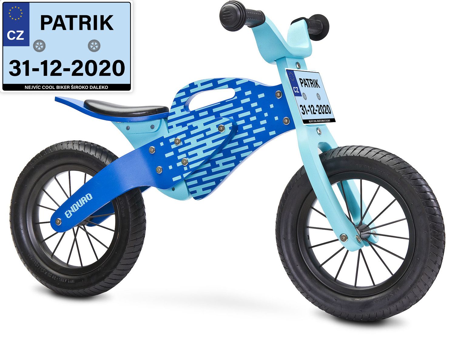 Dětské odrážedlo Enduro značky Toyz, dřevěné, barva modrá, s osobní SPZ Text na SPZ: Budoucí cyklistická star, Barva SPZ: - - obrázek 1