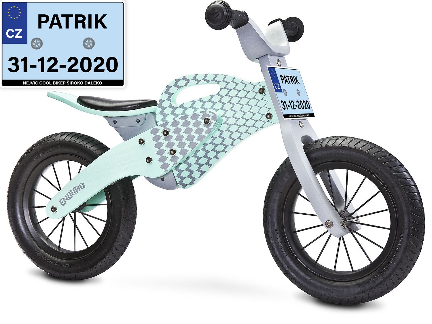 Dětske odrážedlo Enduro značky Toyz, dřevěné, barva mátová, s osobní SPZ Text na SPZ: Jsem nejrychlejší, Barva SPZ: růžová - obrázek 1