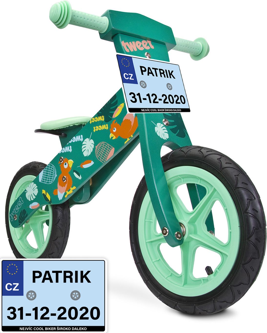 Dětské odrážedlo Zap značky Toyz, dřevěné, barva zelená, s osobní SPZ Text na SPZ: Pokuty za mně platí tatínek, Barva SPZ: - - obrázek 2