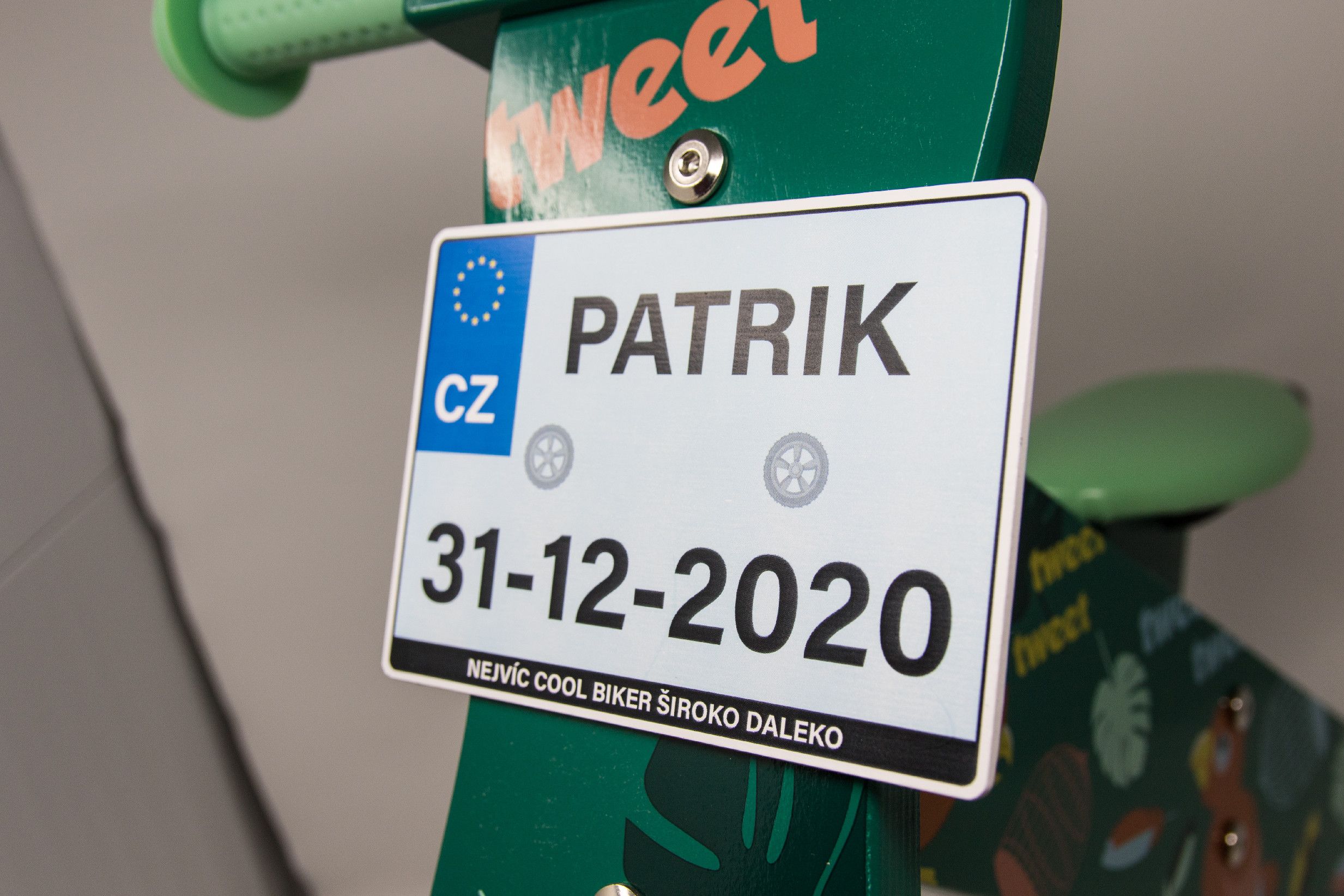 Dětské odrážedlo Zap značky Toyz, dřevěné, barva zelená, s osobní SPZ Text na SPZ: Pokuty za mně platí tatínek, Barva SPZ: - - obrázek 4